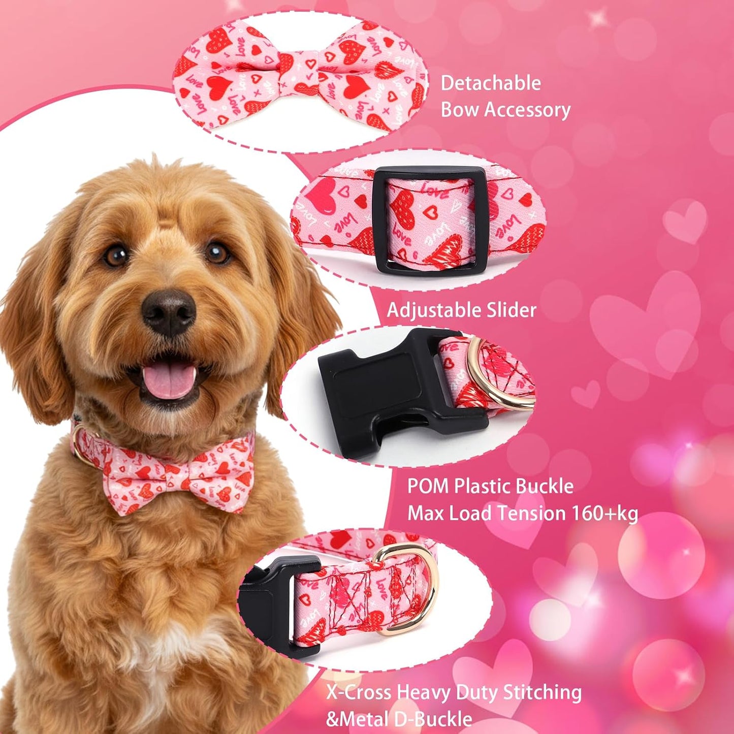 2 Pcs Valentines Dog Collar with Bow Tie Red Hearts Cute Pink Dog Collar Adjustable Safety Breakaway Buckle Soft for Small Medium Large Boy Girl Puppy Pet Dog Bows Removable Bowtie Cute