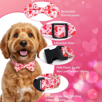 2 Pcs Valentines Dog Collar with Bow Tie Red Hearts Cute Pink Dog Collar Adjustable Safety Breakaway Buckle Soft for Small Medium Large Boy Girl Puppy Pet Dog Bows Removable Bowtie Cute