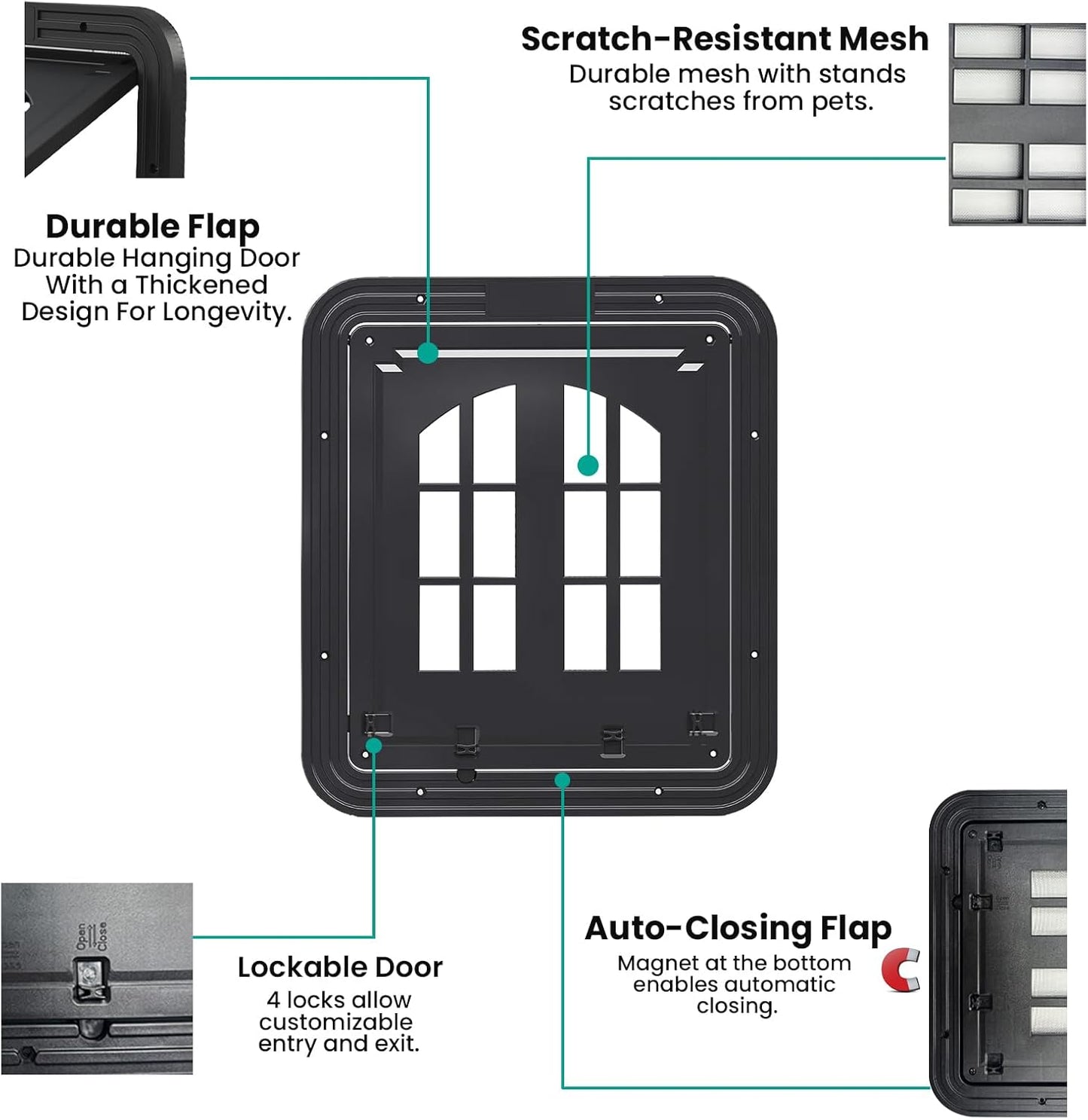 Large Pet Screen Door, 13 x 17 inches, Magnetic Self-Closing Dog Cat Door with 4-Way Entry, Black (Large)