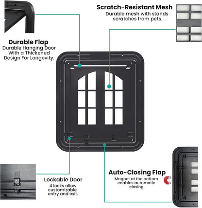 Large Pet Screen Door, 13 x 17 inches, Magnetic Self-Closing Dog Cat Door with 4-Way Entry, Black (Large)