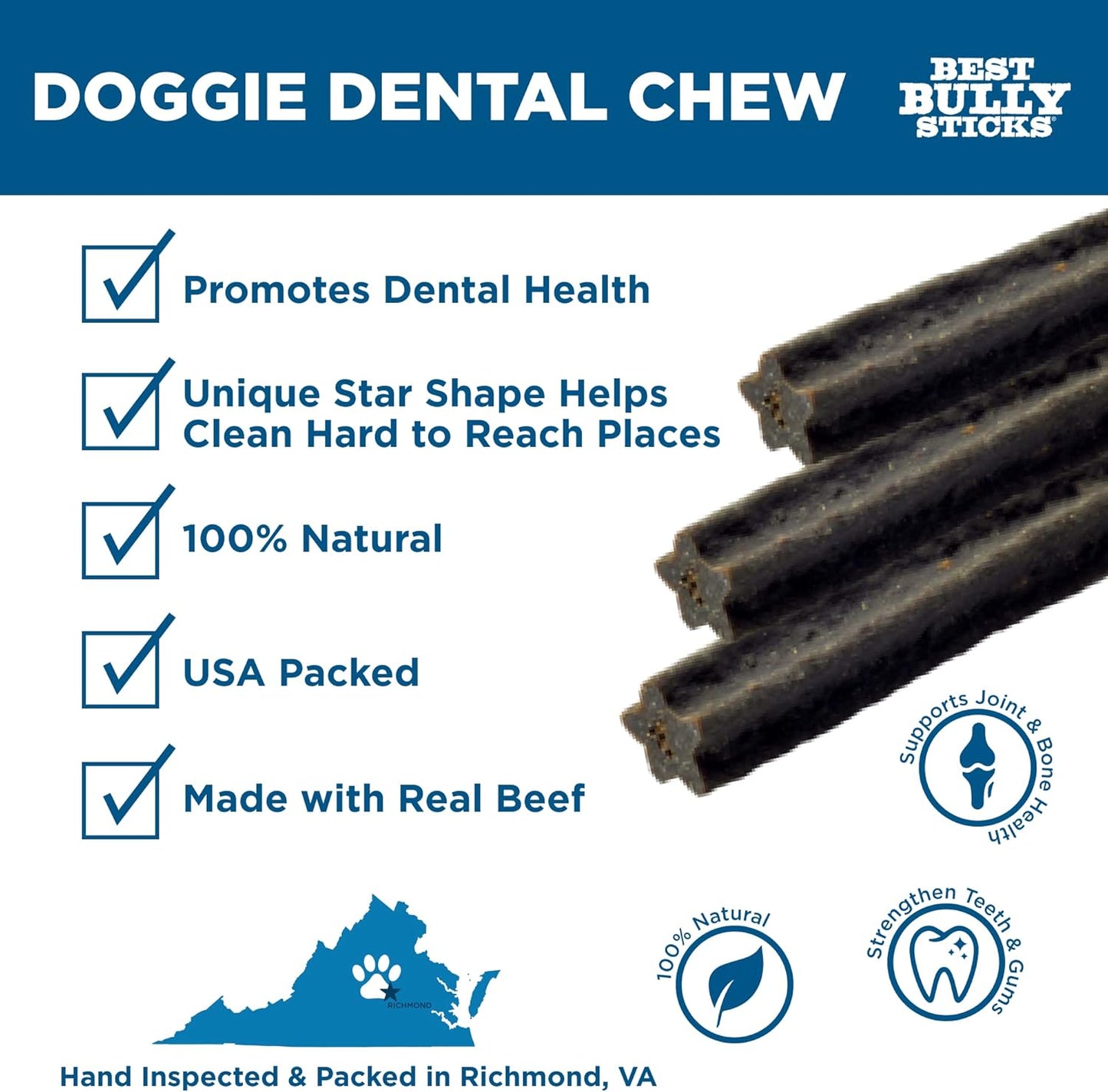 Best Bully Sticks All-Natural Star-Shaped Beefy Dental Chews - 6 Count (Pack of 1) - Limited Ingredient, Collagen, Real Beef, Easily Digestible, Supports Oral Health