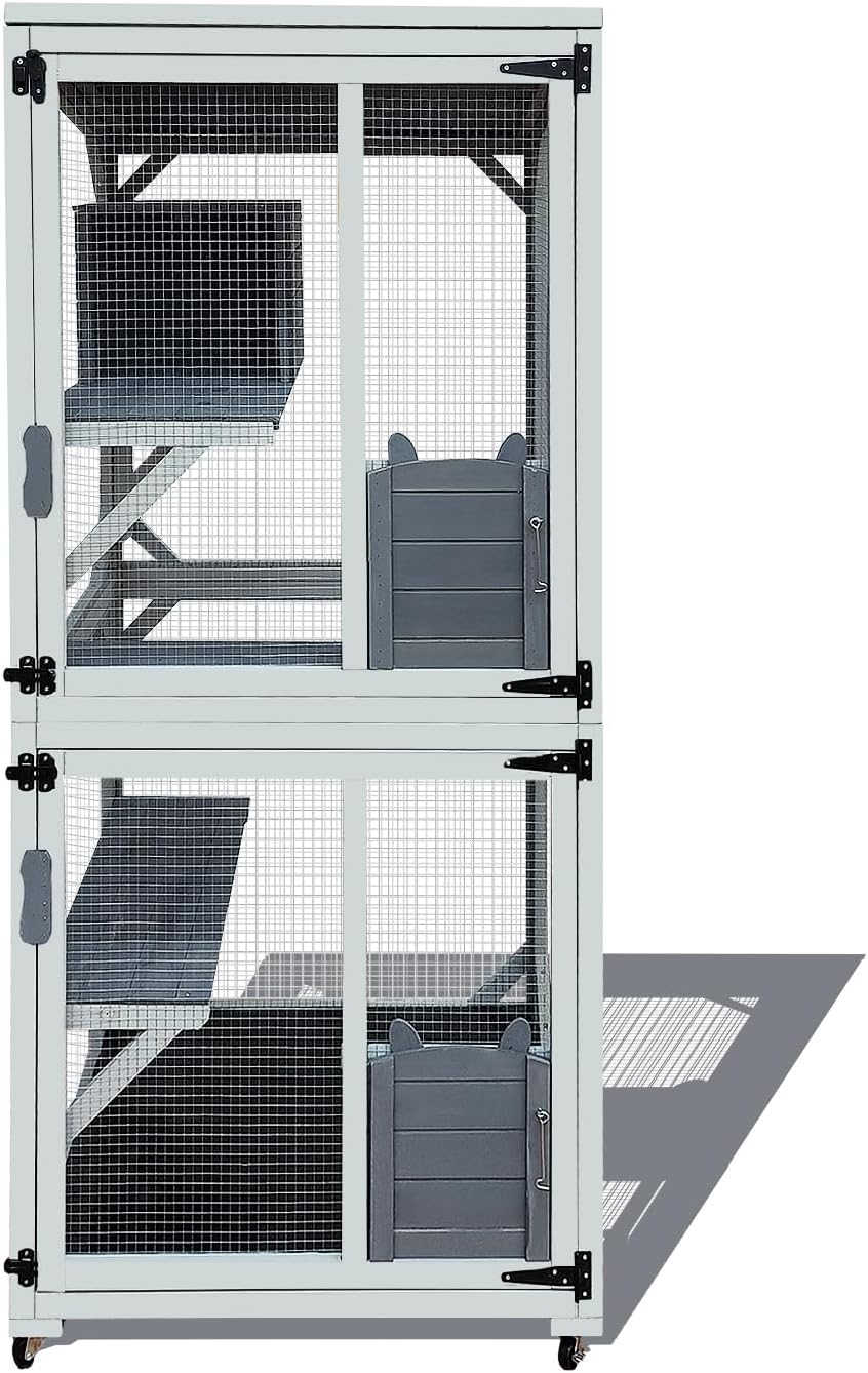 30.7" Wooden Catio Outdoor Cat Enclosure, Cat House on Wheels with 4 Platforms,Napping House & Weatherproof Asphalt Roof, Kitty Cage Shelter with Sliding Doors,Gray