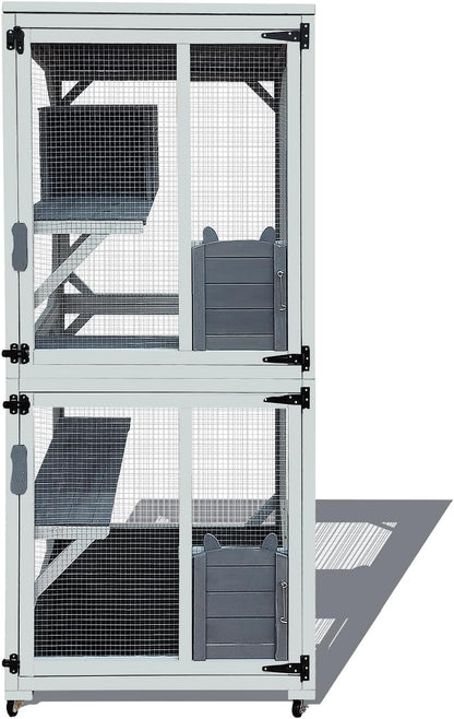 30.7" Wooden Catio Outdoor Cat Enclosure, Cat House on Wheels with 4 Platforms,Napping House & Weatherproof Asphalt Roof, Kitty Cage Shelter with Sliding Doors,Gray
