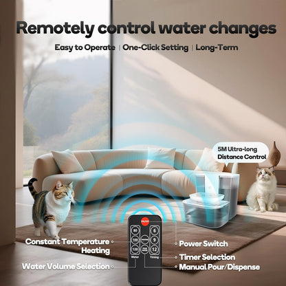 Cat Water Fountain with Heating, 4.5L Automatic Water Dispenser for Cats, Ceramic Bowl, No Filters, Wastewater Separation, Wireless Water Dispenser for Cats and Small Dogs