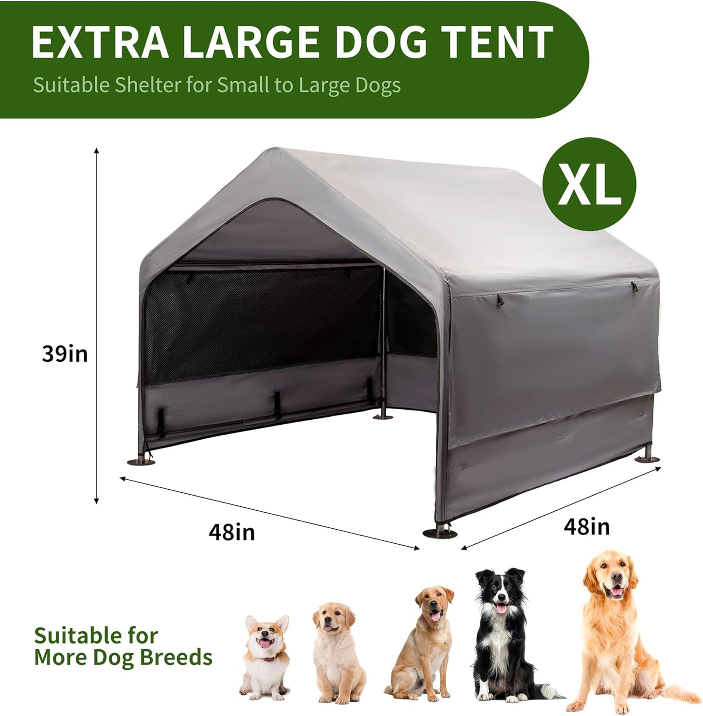 Summertrail Extra Large Dog House Outside, Dog Tent Outdoor, Big Dog Shade Shelter Doghouse Canopy with Three-Sided Breathable Mesh Windows, Gray Sun Rain Cover for Pet Cat Livestock 4'x 4'x 3.3'
