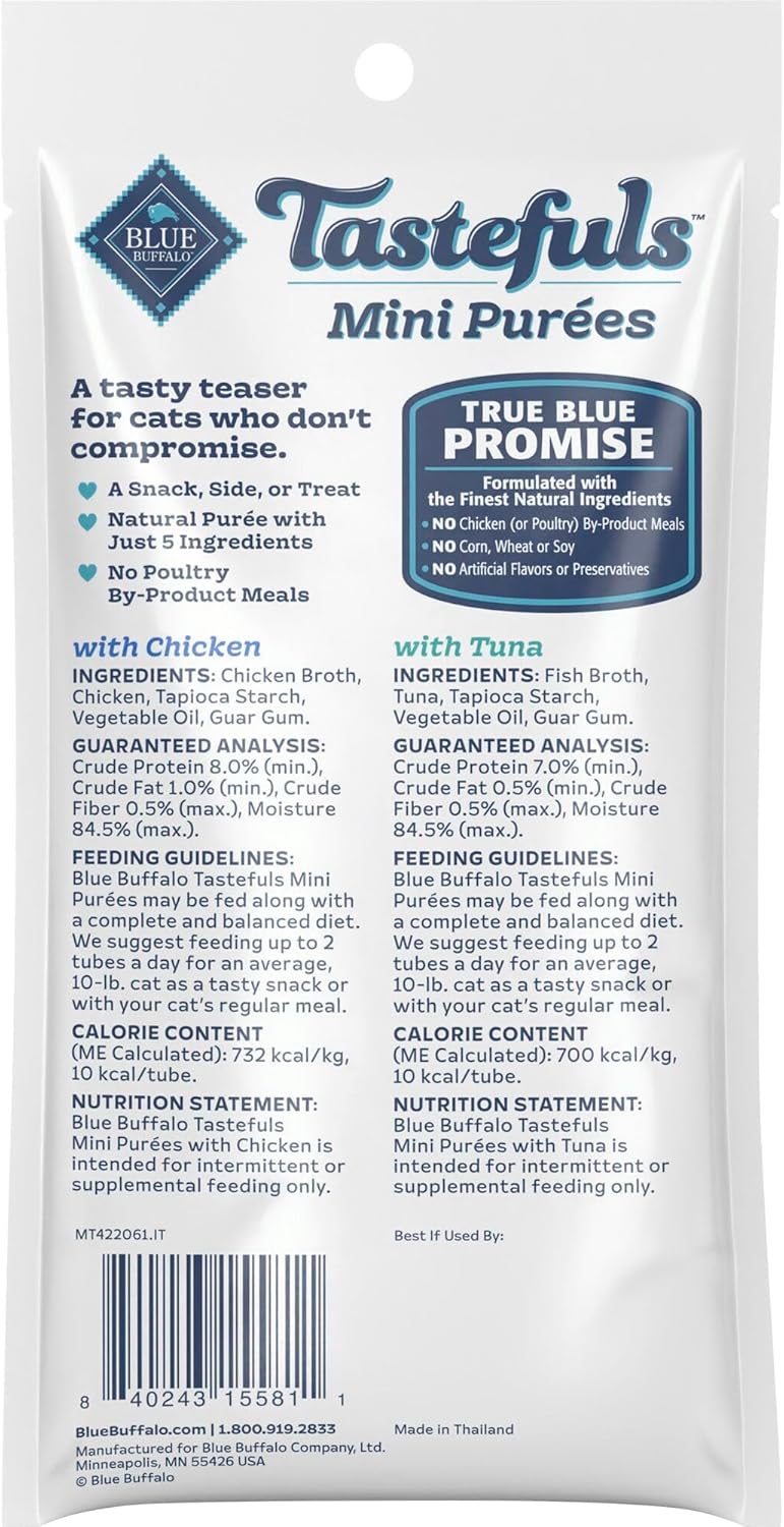 Blue Buffalo Tastefuls Mini Purées, Adult Cat Natural Single-Serving Snack, 4-Count Variety Pack Chicken and Tuna, 0.5 oz. (Pack of 4)