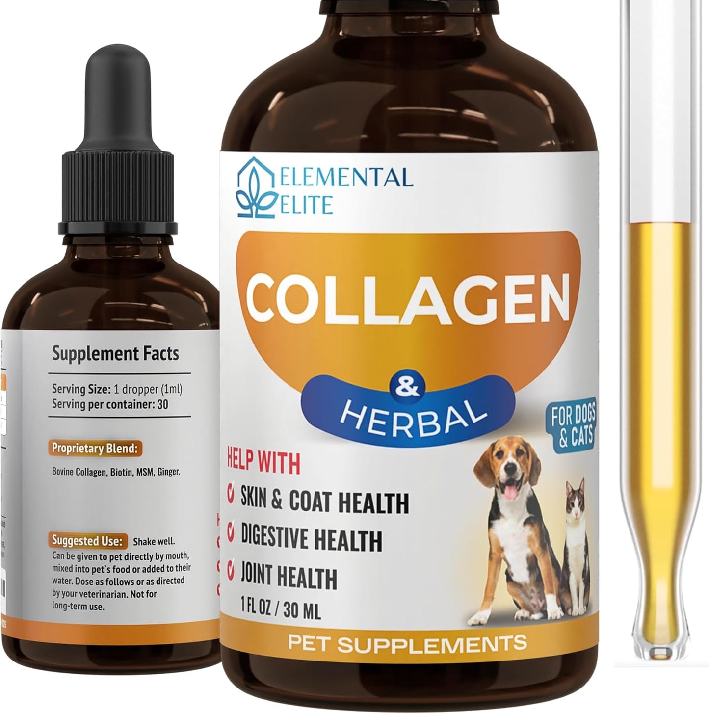 Liquid Collagen for Dogs and Cats, Skin & Coat Supplement, Itch Relief, Joint & Mobility Support, Enriched with Grass-Fed Collagen, MSM, Biotin & Ginger, Daily All-in-One Pet Health Formula