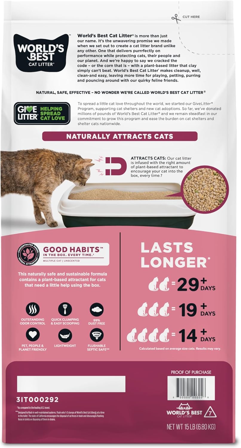 WORLD'S BEST CAT LITTER Good Habits Cat Attract Litter | Natural Plant-Based Attractant | Multicat Flushable Corn Litter | Unscented Odor Control | Low Tracking & Lightweight | Made in USA 15lb Bag