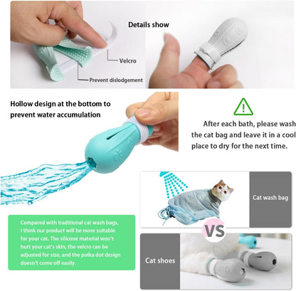 7-Piece Cat Bathing Set - Anti-Scratch Silicone Shoes, Claw Covers, Shower Net, Bathing Bag & Elizabethan Collar (Grey-3)