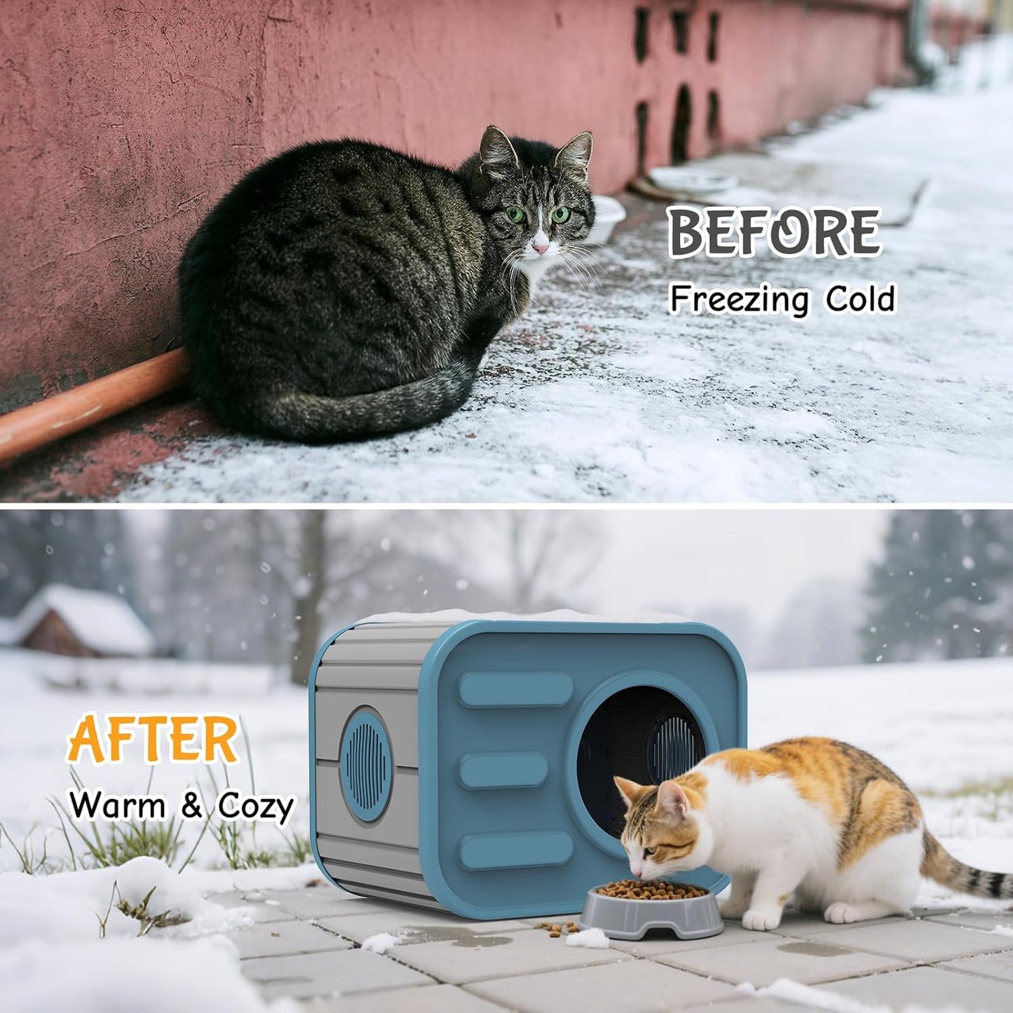 Outdoor Cat House, Outside Cat Shelter with Bed Mat for Feral Cat, Plastic Pet House for Indoor and Outdoor Use, Weatherproof, Blue