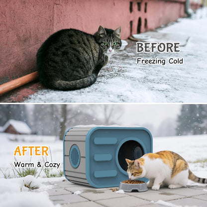 Outdoor Cat House, Outside Cat Shelter with Bed Mat for Feral Cat, Plastic Pet House for Indoor and Outdoor Use, Weatherproof, Blue