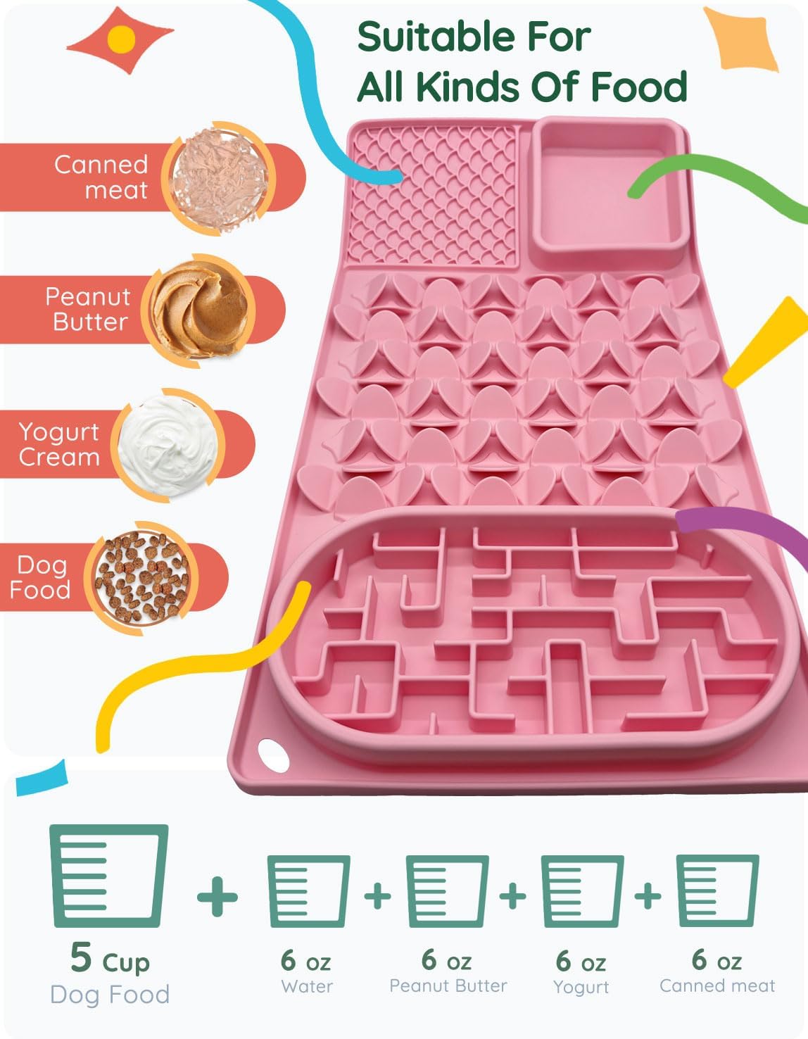 Slow Feeder Bowl for Large Dog, Silicone Lick Mat & Snuffle Mat with Suction Cups - Interactive Puzzle Feeder to Slow Eating & Keep Busy, Reduce Vomiting & Relieve Boredom (21"x 11" Pink)