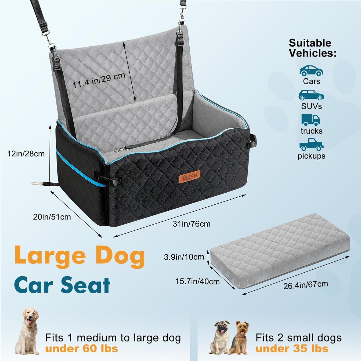 Large Dog Car Seat, Dog Car Bed for Large Dogs Under 60 lbs or 2 Small Breeds, Comfortable Pet Booster Seat with Memory Foam Thick Cushion, Detachable & Washable Pet Bed for Backseat, Black+Grey