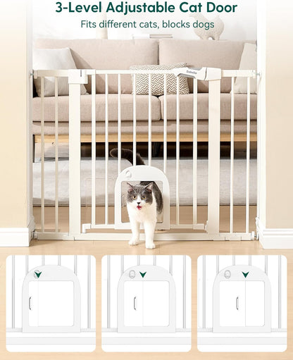 Babelio Baby Gate with Adjustable Cat Door,29-43" Auto Close Durable Pet door for Stairs,Doorways and House,Pressure Mounted,Easy Install,Effortless Walk Thru,White