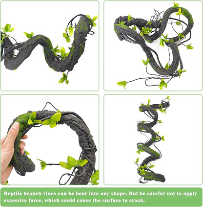 VCEPJH Medium Reptile Vines Thick Terrarium Plants 70 Inches Long Flexible Climbing Branch with Leaves Snake Tank Accessories Greenery Habitat Decor for Bearded Dragon Chameleon Gecko Lizard (Black)