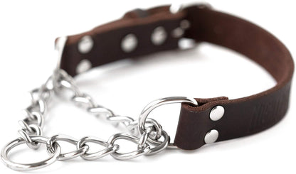 Mighty Paw Martingale Dog Collar - No Pull Design - Stainless Steel Chain - Limited Chain Cinch Training - Brown Leather Martingale Training Collar - Medium Size