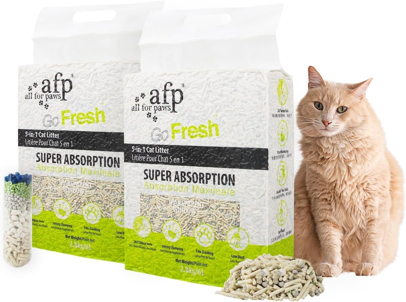 All For Paws Tofu Cat Litter, Low Tracking 2mm Small Particles, 55N Hardness, 24/7 Odor Lock 5-in-1 Deodorizing Blend, Fast Strong Clumping, Natural Plant Fiber, Safe for Cats, 12.3LBS(2 Pack)