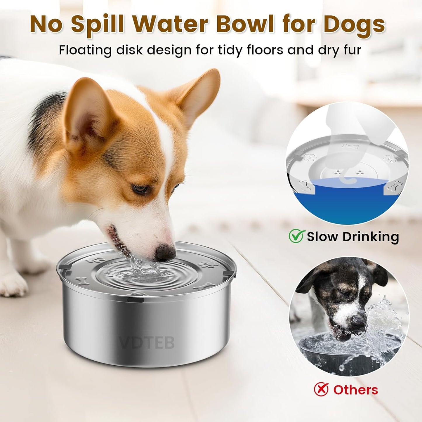 Dog Water Bowl 3L/101oz Stainless Steel No Spill Water Bowl for Dogs Spill Proof Slow Drinking Dog Water Feeder with Anti-Slip for Medium to Large Messy Drinkers