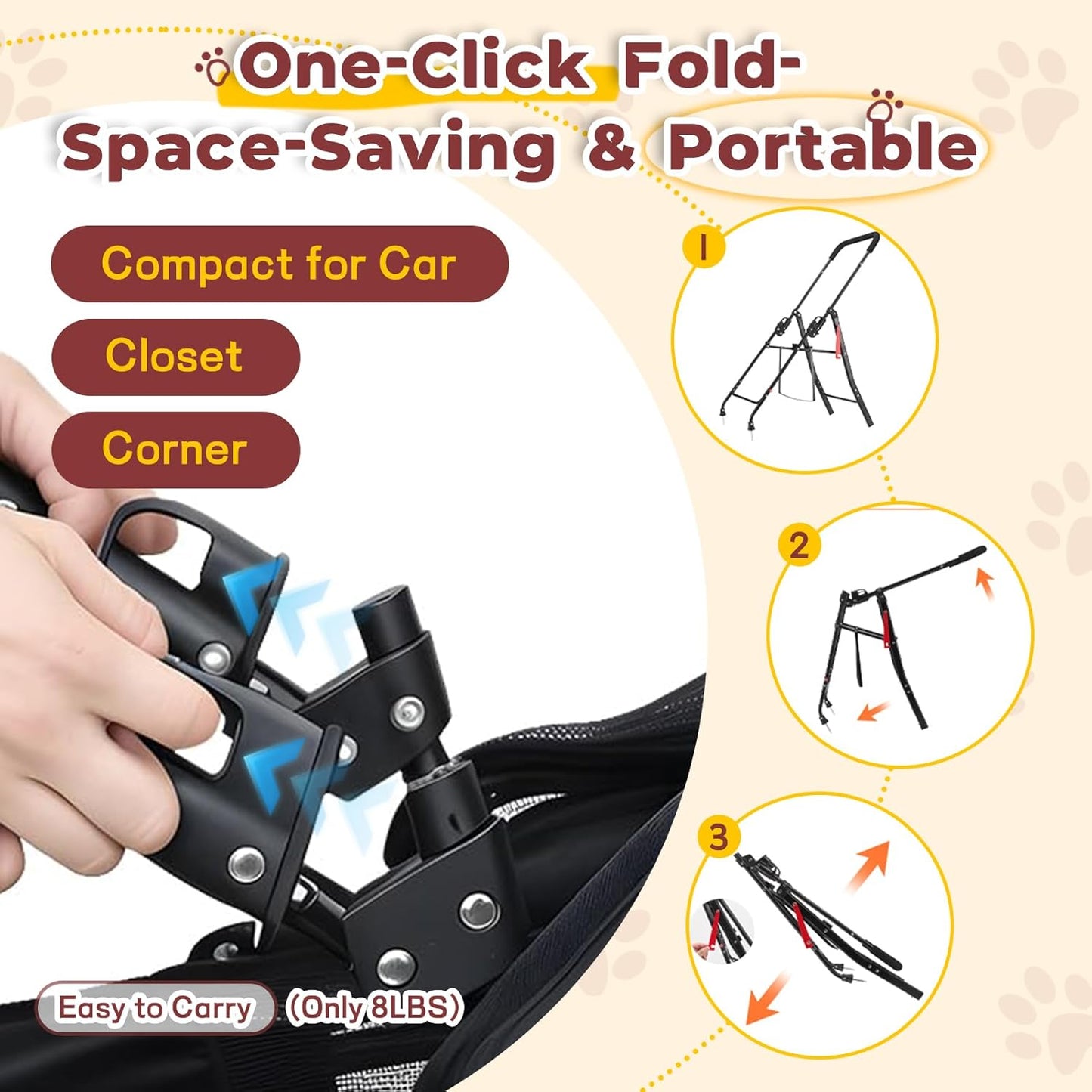 4-Wheel Pet Stroller for Small Medium Dogs with Removable & Detachable Carrier, Foldable Waterproof Dog Stroller with Breathable Mesh, Cup Holder, Storage Basket & Safety Leash (Pink)