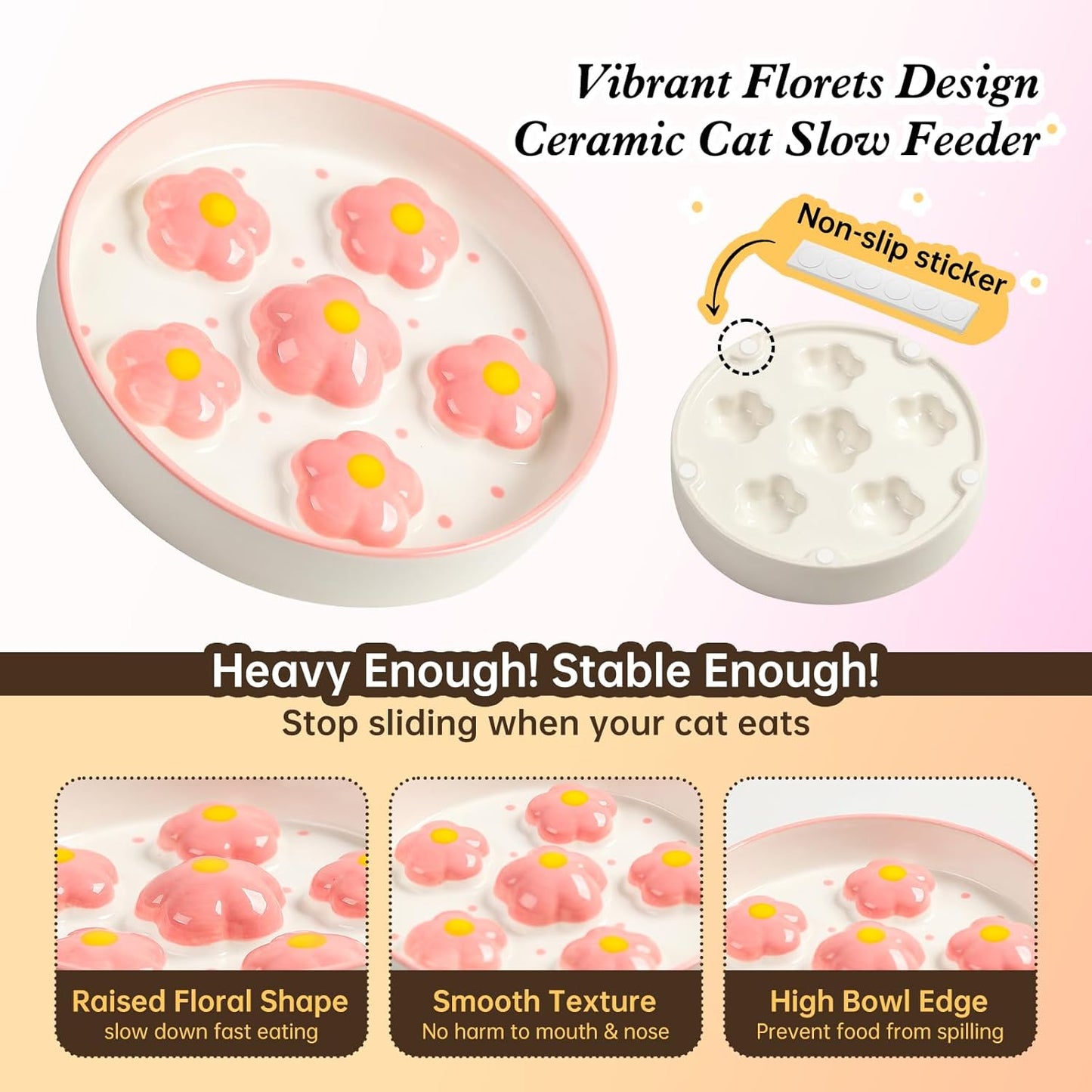 Ceramic Cat Slow Feeder Bowl - 6 OZ Puzzle Food Dish for Healthy Eating - Shallow Wide Whisker Friendly - Dishwasher Safe - 6.3 x 1.2 Inch - Blush Pink Flower