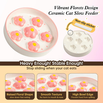 Ceramic Cat Slow Feeder Bowl - 6 OZ Puzzle Food Dish for Healthy Eating - Shallow Wide Whisker Friendly - Dishwasher Safe - 6.3 x 1.2 Inch - Blush Pink Flower
