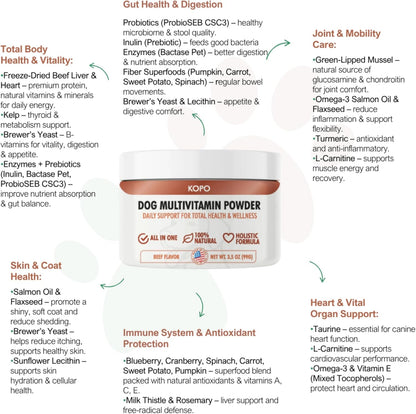Kopo Dog Multivitamin Powder - All in One Organic Natural Vitamins for Dogs All Breed Sizes - Wellness, Heart, Skin & Coat, Gut Health, Digestion, Immune System, and Hip & Joint Supplement for Dogs