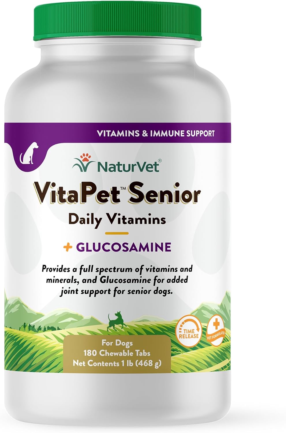NaturVet VitaPet Senior Daily Vitamins Plus Glucosamine, Dog Multivitamin Supplement, Chewable Tablets, Time Release, Made in The USA with Globally Source Ingredients 180 Count