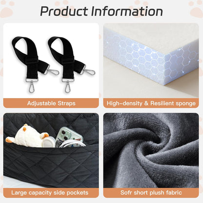 Dog Car Seat for Small/Medium Dogs Under 35lbs, Detachable & Washable Elevated Pet Travel Bed, 2 Storage Pockets & Safety Belt, Anti-Slip Base, Dog Booster Car Seat with Seamless Bottom Design