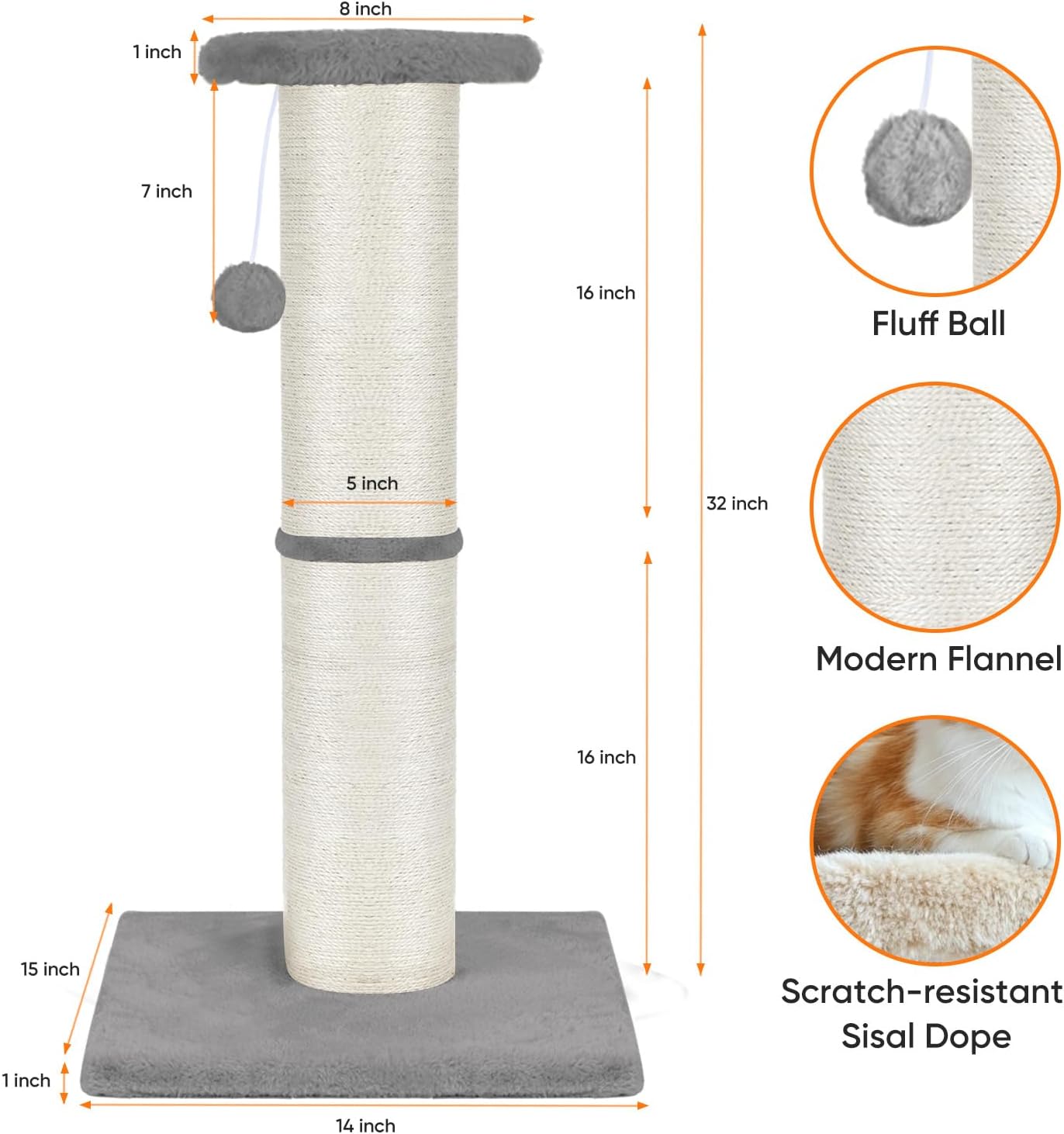 PAWSCRAT Cat Scratching Post 32" Tall, Large Diameter Natural Sisal Cat Scratch Post with Dangling Ball, Scratch-Resistant and Durable for Indoor Cats, Protect Your Furniture,Large/X-Large