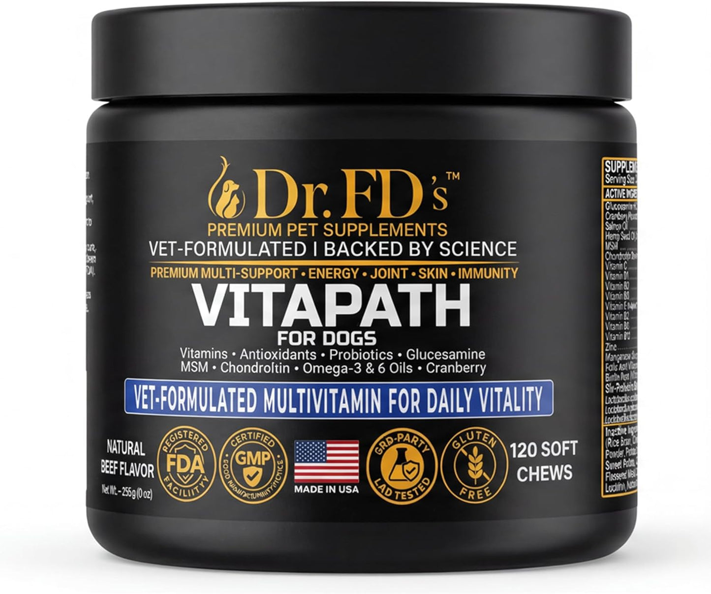 Dr. FD’s VitaPath – Daily Multivitamin for Dogs | Vitamins, Antioxidants & Omegas for Skin, Coat, Immune & Metabolic Health | Natural Beef Flavor | 120 Soft Chews