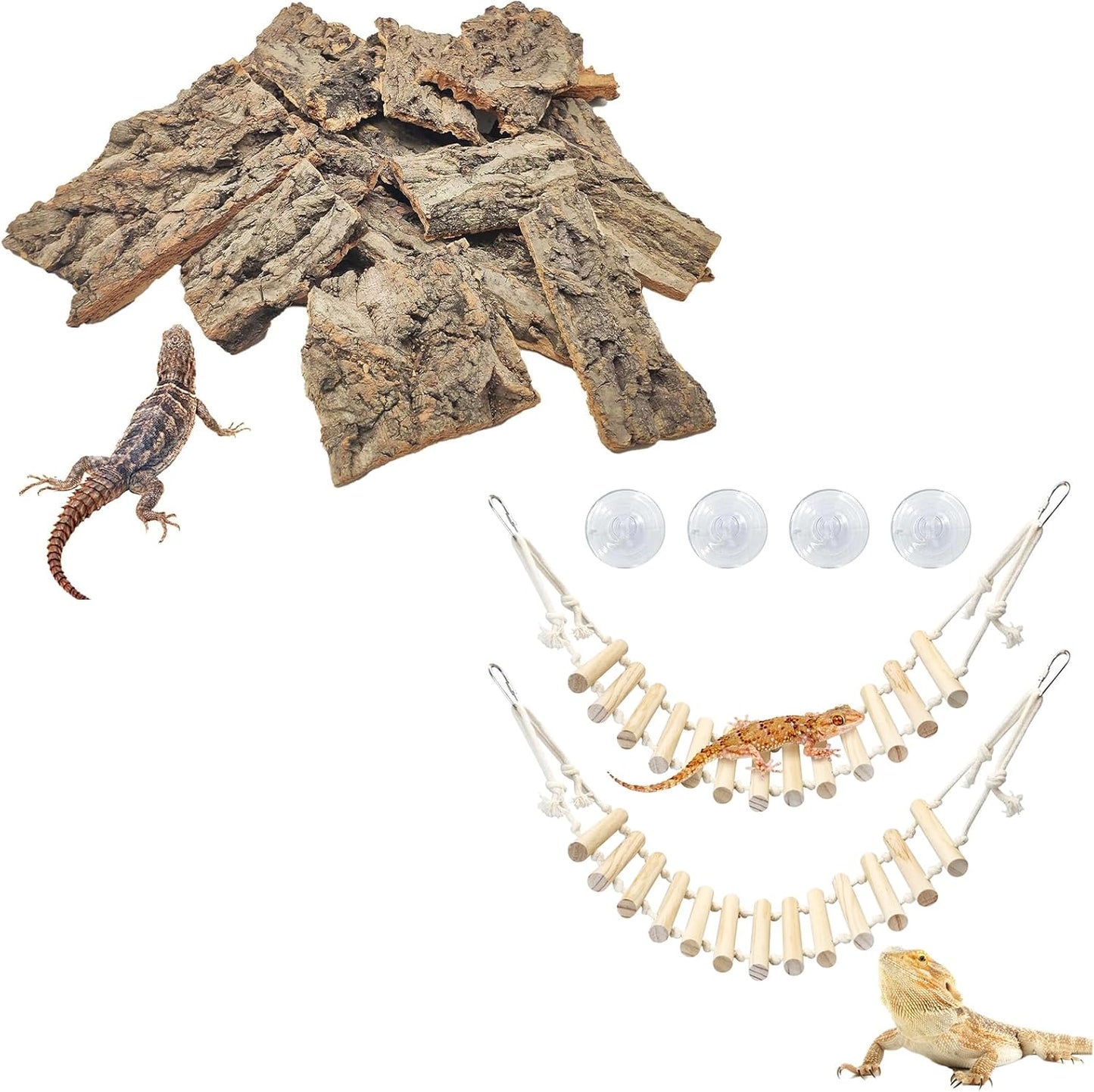 VCEPJH Reptile Bark Bedding,1 LB Natural Cork Bark for Geckos and 2 Pcs Reptile Bridge Leopard Gecko Climbing Ladder Wooden Basking Lounger for Crested Gecko Bearded Dragon Hermit Crab Turtle Chameleo