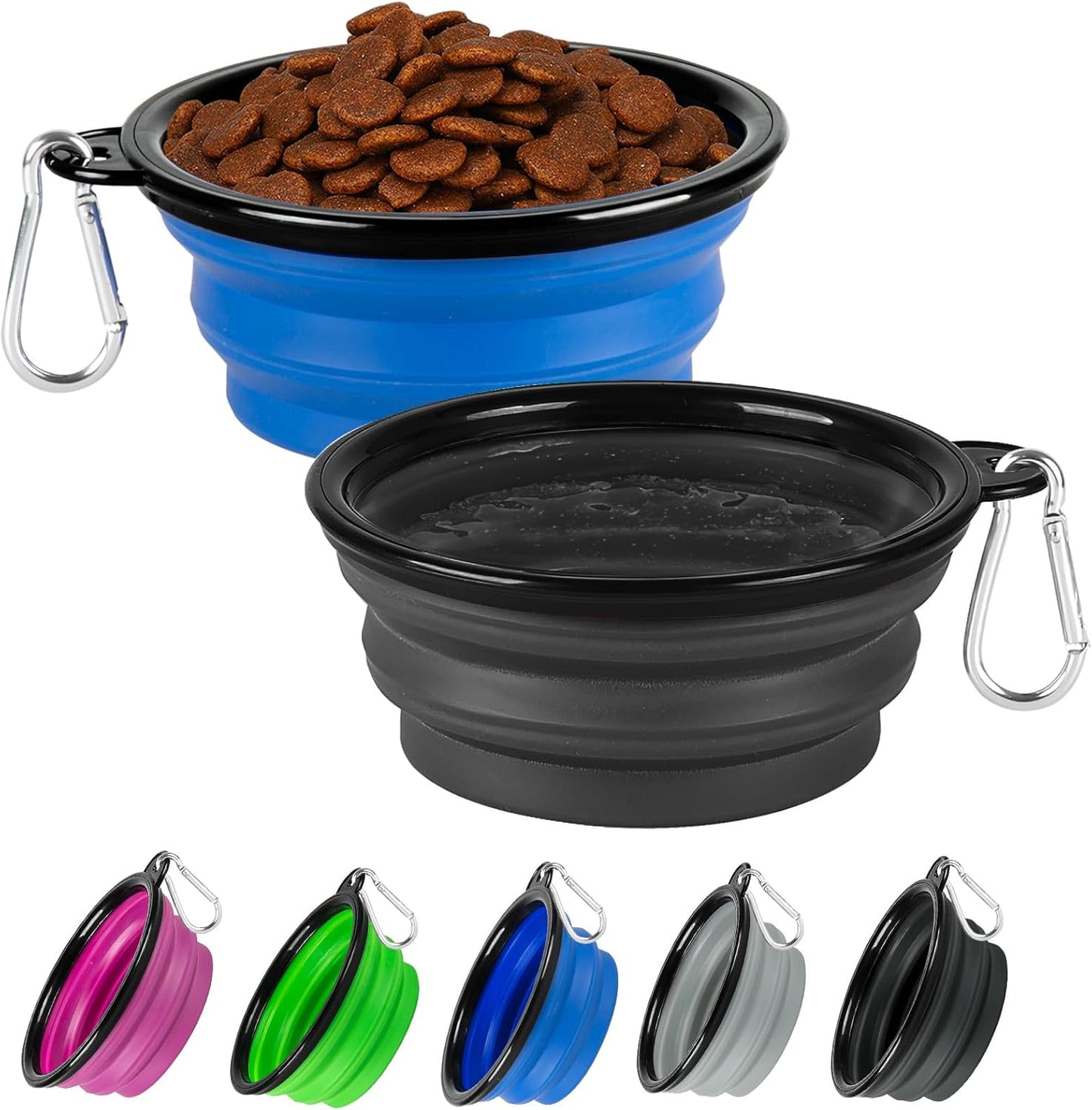 Dog Bowl Collapsible, 2 Pack Portable Foldable Travel Water Bowl Food Dishes with Carabiner Clip for Traveling, Hiking, Walking(12oz, Small, Blue+Black)