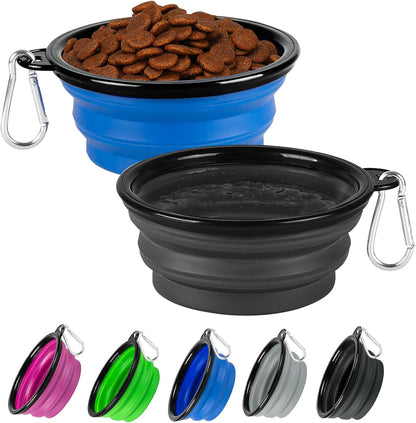 Dog Bowl Collapsible, 2 Pack Portable Foldable Travel Water Bowl Food Dishes with Carabiner Clip for Traveling, Hiking, Walking(12oz, Small, Blue+Black)