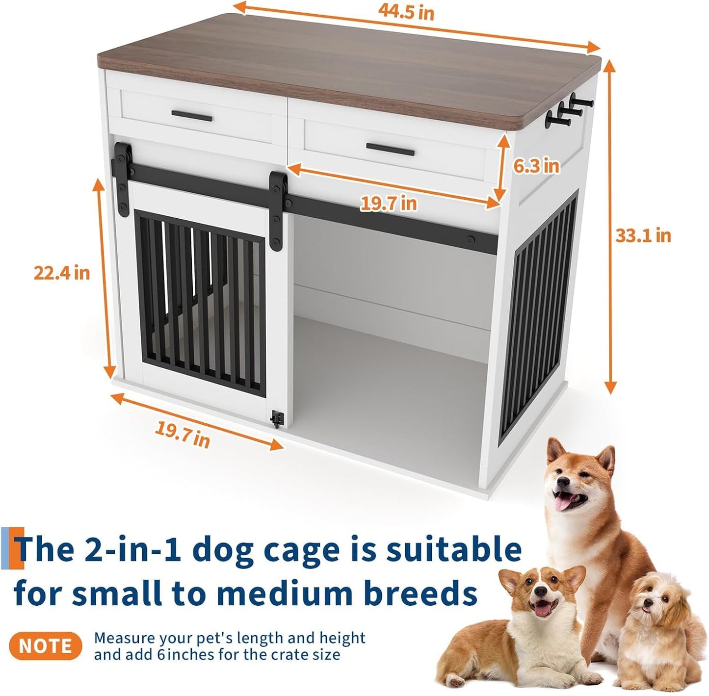44.5'' Dog Crate Furniture with Hook & Storage Drawers, Wooden Heavy Duty Dog Kennel Indoor with Sliding Barn Doors, Decorative Pet House End Side Table TV Stand for Medium/Small Dogs,White
