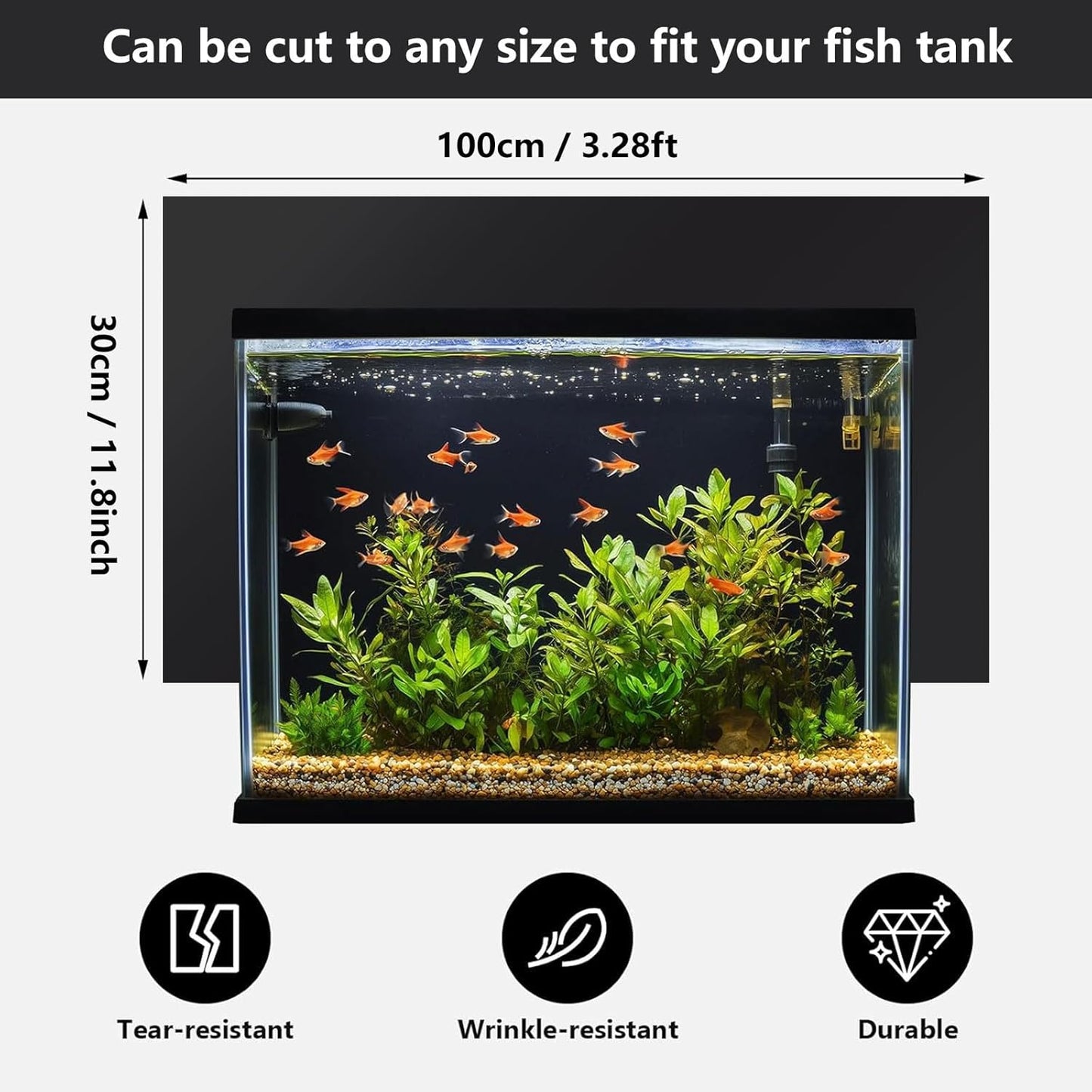 COYOUCO Glossy Black Fish Tank Background – Opaque Aquarium Backdrop PVC Film, Static Cling No-Glue Installation, Waterproof Removable Sticker for Freshwater & Marine Tanks,30×100cm