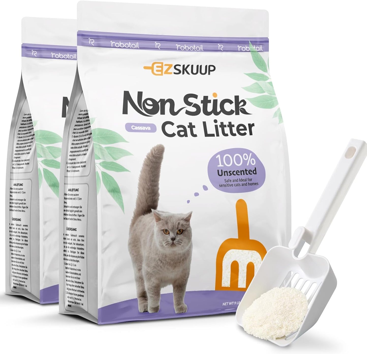 Non-Stick Ultra Clumping Cat Litter, Dust-Free Unscented Kitty Litter, Made of Pet Friendly Natural Cassava with Odor Control, Last Twice as Long as Clay Litter, 9 lbs (7.5 Liters) X 2 Packs
