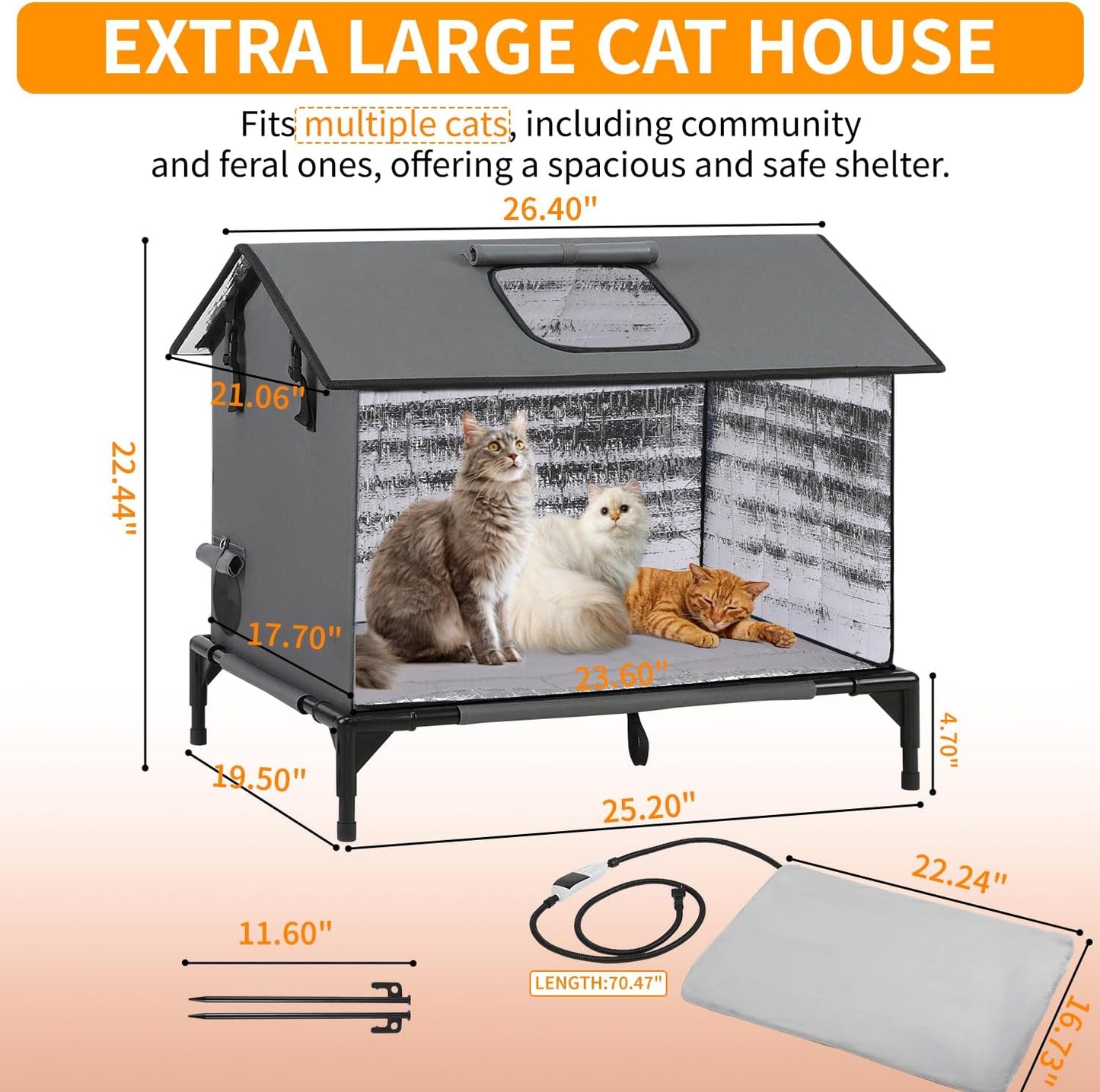 Large Heated Cat House for Outside, Weatherproof Insulated Indoor Outdoor Cat House with Adjustable Heating Pad, Escape Door & Elevated Base, Warm Shelter for Feral Stray Barn Cats, 25”Lx19”Wx22”H