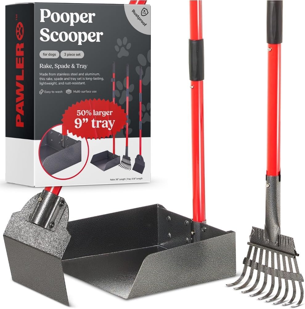 Pooper Scooper for Large Dogs, Small Dogs and Horses, Metal Poop Scooper Set with Long Handle Rake, Spade and Tray for Yard, Grass, Dirt or Gravel, Heavy Duty Aluminum Poop Picker Upper