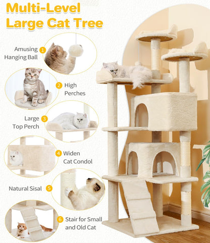 Made4Pets Cat Tree Tower 56in Cat Tower for Indoor Cats Kitten Tree Multi-Level Cat Tree with 2 Condo Furniture Activity Center with Scratching Posts Funny Toys Kittens Pet Play House, Beige