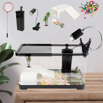 Turtle Tank Starter Kit, Upgraded Aquarium Fish Tank Kit with Filter,Fish Net, Reptile Habitat with Adjustable UV Lamp & Lid,Bask Platform for Crabs,Amphibians,Reptiles.(15.4" * 8.5" * 8.35")