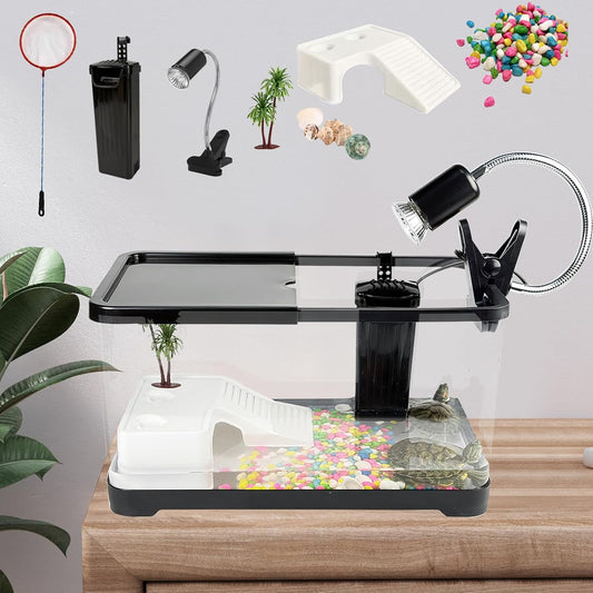 Turtle Tank Starter Kit, Upgraded Aquarium Fish Tank Kit with Filter,Fish Net, Reptile Habitat with Adjustable UV Lamp & Lid,Bask Platform for Crabs,Amphibians,Reptiles.(15.4" * 8.5" * 8.35")