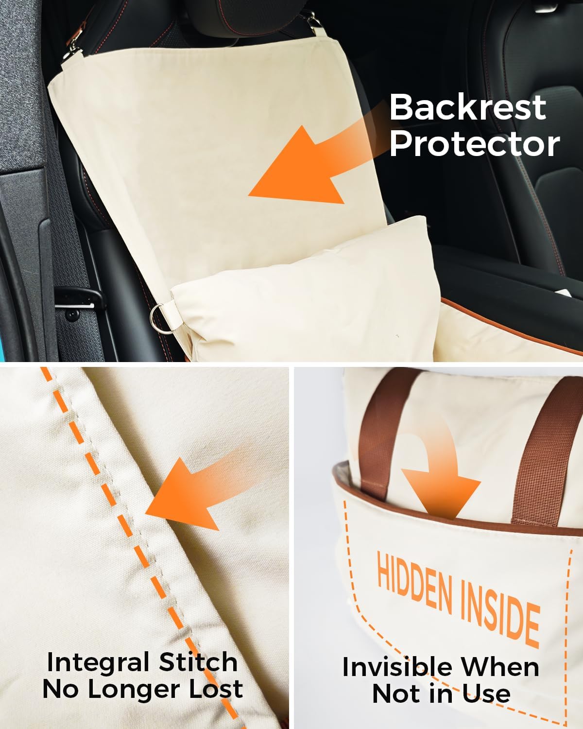 TINYBEAST Foldable Dog Car Seat for Small Dogs, Waterproof Dog Booster Seat with Backrest Protector, Portable Washable with Storage Pockets and Clip-On Leash, Car Travel Carrier Bed, Beige