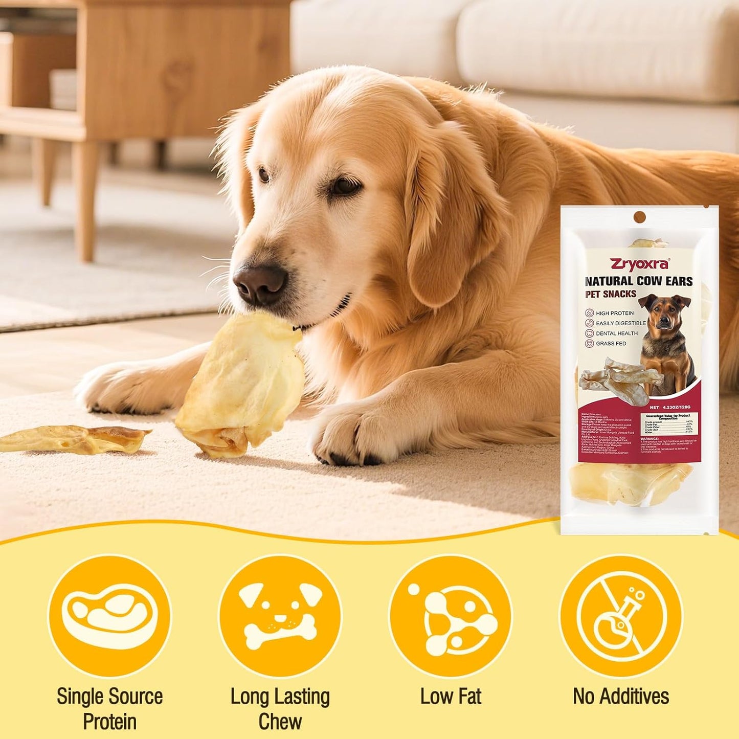 100% Natural Real Cow Ears for Dogs - Single Ingredient Dental Chew, Long-Lasting Treats for All Breeds (Small/Medium/Large) | High Protein, Easily Digestible(120g)