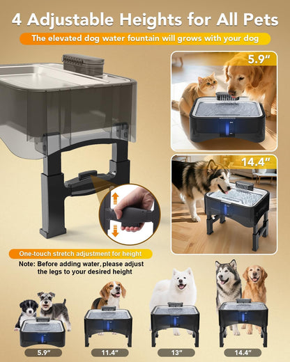 UPSKY Slow Feeder Dog Bowl，2.25Gal Elevated Dogs Water Fountain, 4 Heights Adjustable Pet Fountain for All Dog Sizes
