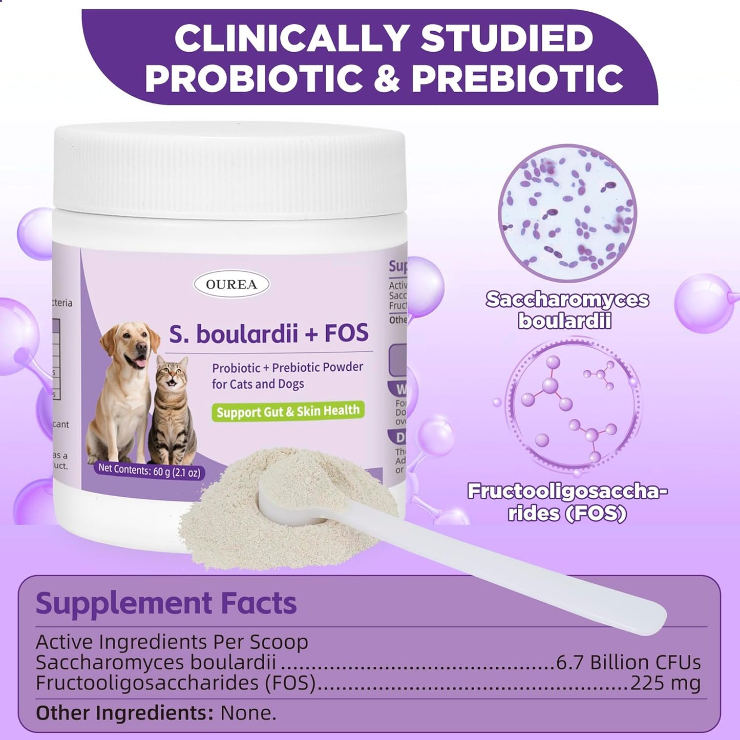S.boulardii + FOS Pet Probiotic Powder for Dogs & Cats, 6.7 Billion CFU, Gut & Immune Support, Loose Stool & Digestive Upset Relief, Improves Stool Consistency, Skin Health, Veterinarian Recommended