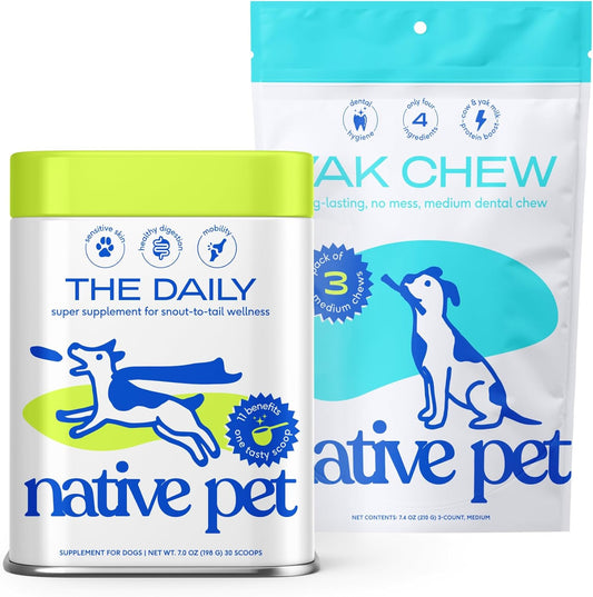 Native Pet The Daily Dog Vitamins & Supplements (30 Scoops) & Yak Chews (3 Medium Chews) - All Natural Dental Stick Made with Yak Cheese for Aggressive Chewers & 11-in-1 Multivitamin for Dogs