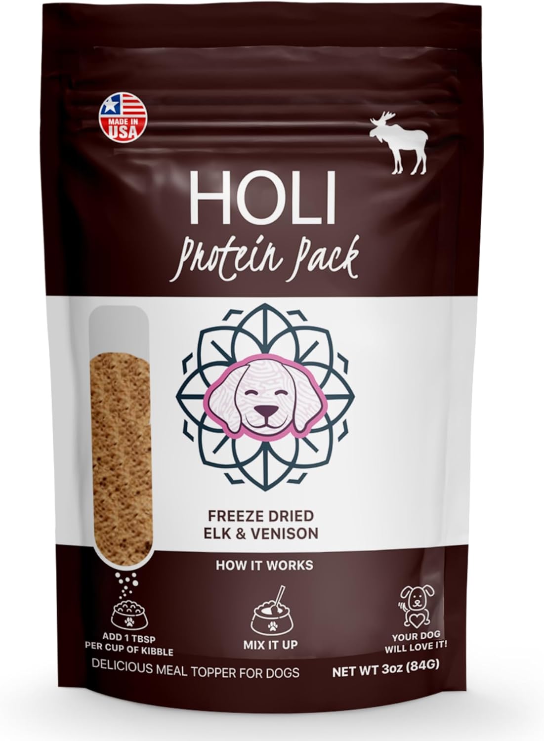 HOLI Freeze Dried Elk and Venison Dog Food Topper - 96% Meat, Wild Caught Free Range - Freeze Dried Dog Food Flavor Enhancer for Picky Dogs – 100% All Natural - 6oz