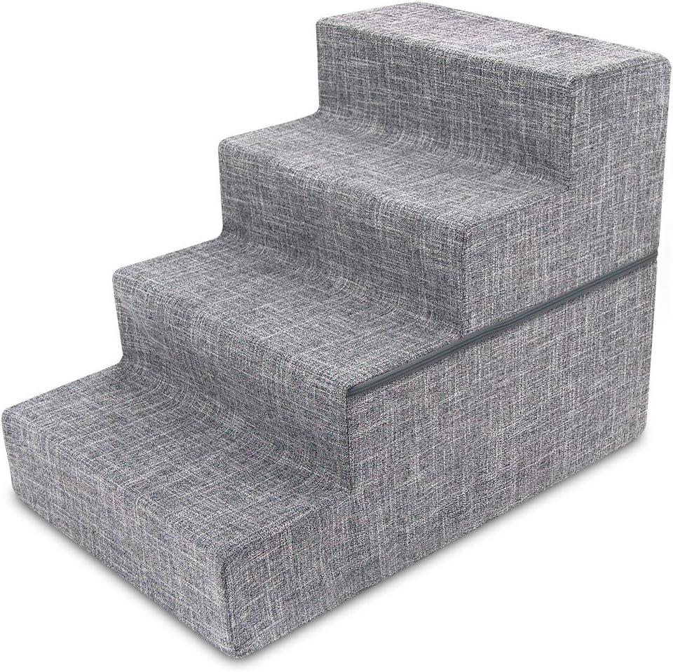 Best Pet Supplies Round Bed for Pet, 4-Step Pet Stair, Grey Linen (Foldable)