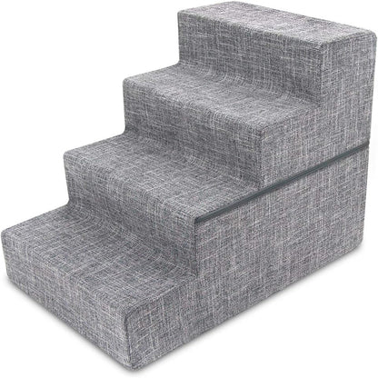 Best Pet Supplies Round Bed for Pet, 4-Step Pet Stair, Grey Linen (Foldable)