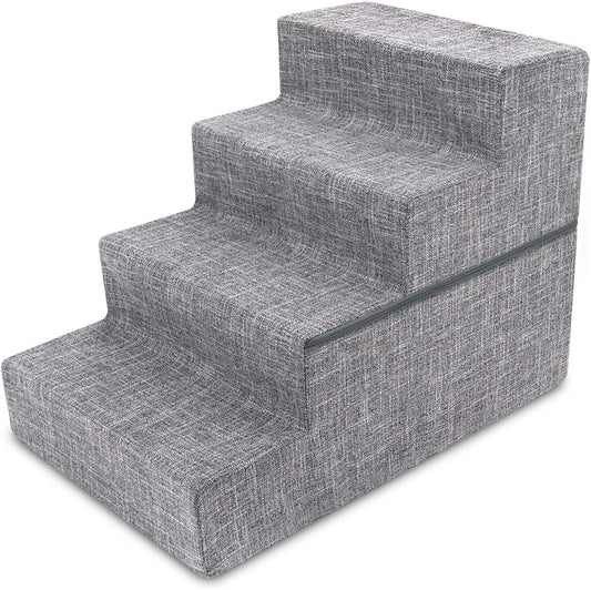 Best Pet Supplies Round Bed for Pet, 4-Step Pet Stair, Grey Linen (Foldable)